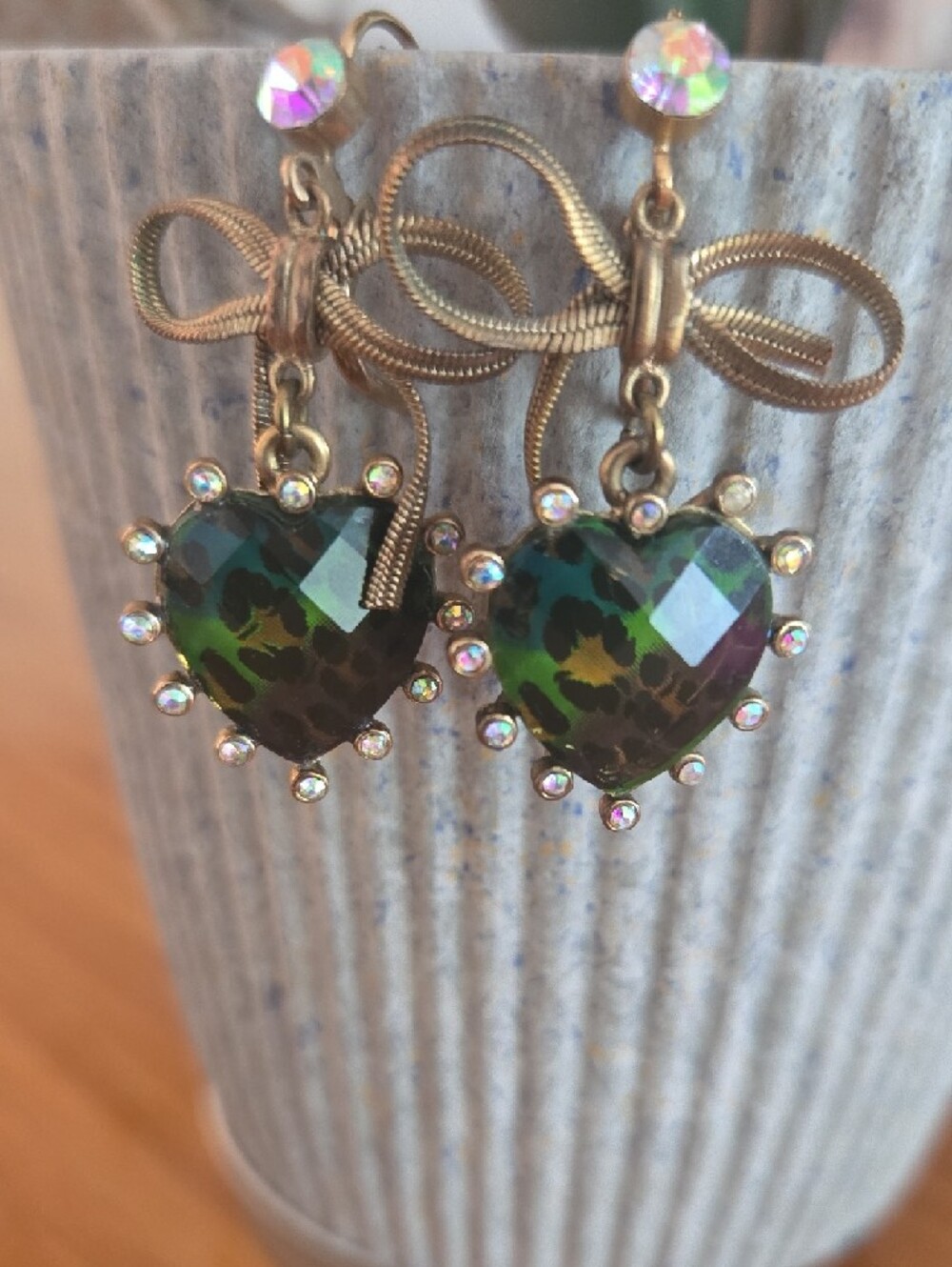 Gold Bow Heart Drop Earrings with Green Leopard Heart Stones